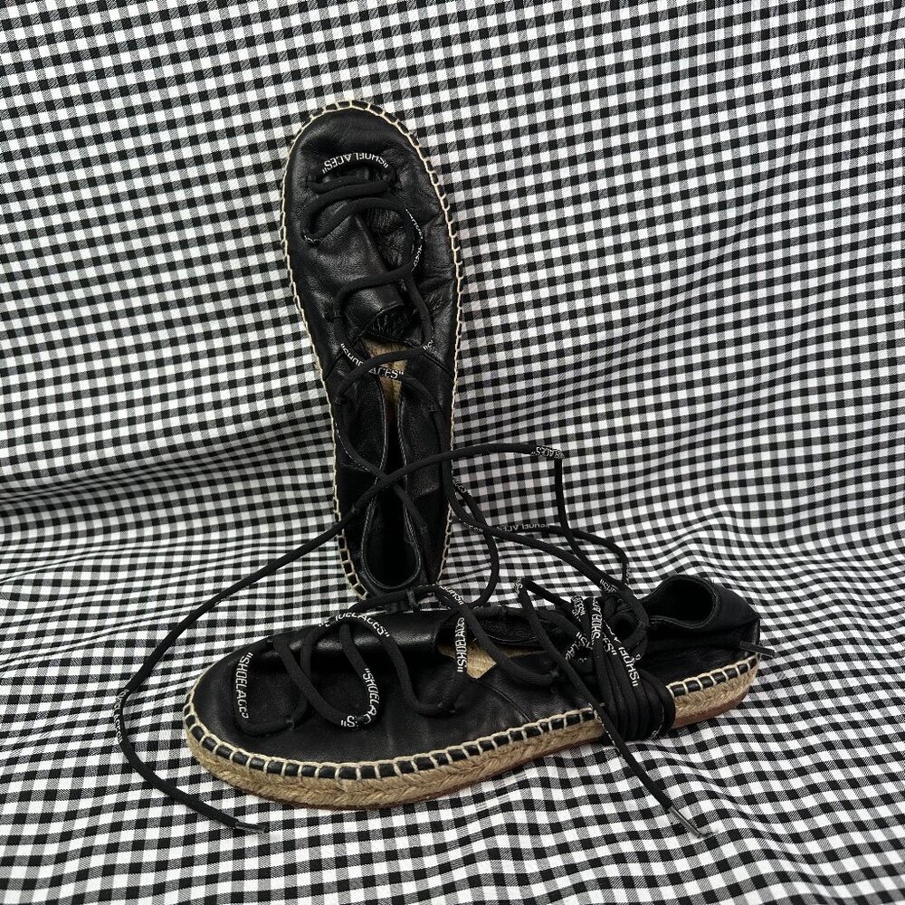 Off-White Black Leather Lace Up Summer Vacation Espadrille Flats Size EU 39 - Picture 2 of 8